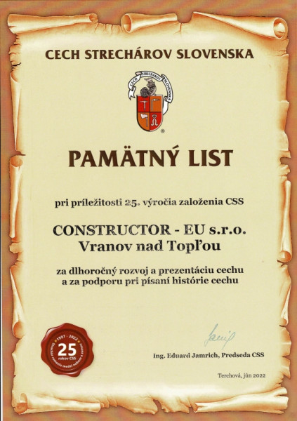 Pamätný list — 25. výročie Cechu strechárov Slovenska