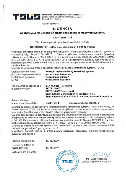 Licencia na zhotovovanie vonkajších tepelnoizolačných kontaktných systémov