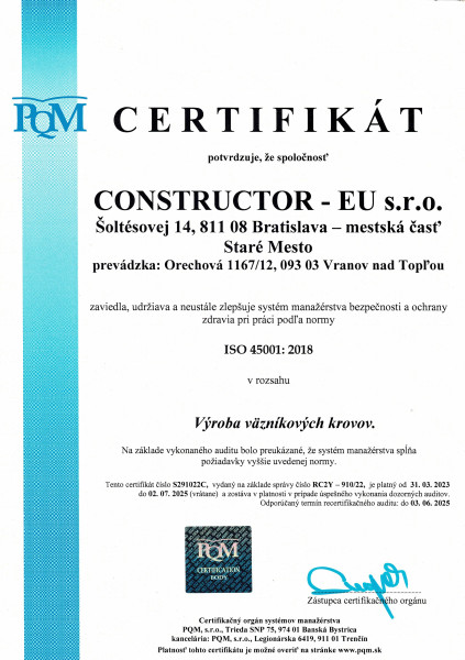 ISO 45001:2018 — výroba väzníkových krovov